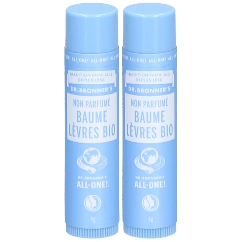 Twee blauwe lippenbalsemstiften. Opschrift: DR.BRONNER'S, NON PARFUME, BAUME LÈVRES BIO. Met logo en tekst: ALL-ONE!