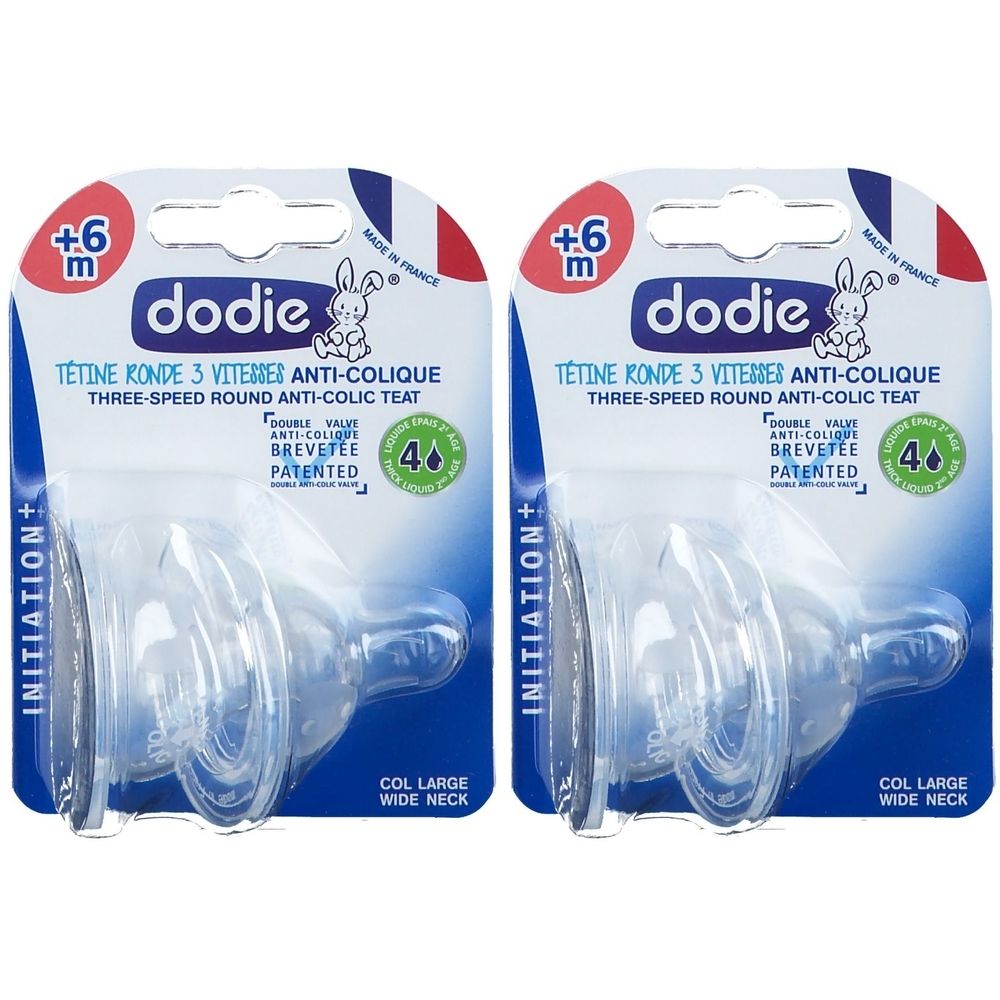 Deux paquets de tétines dodie® Initiation+ rondes 3 vitesses anti-colique. Emballage avec informations et logo du produit.