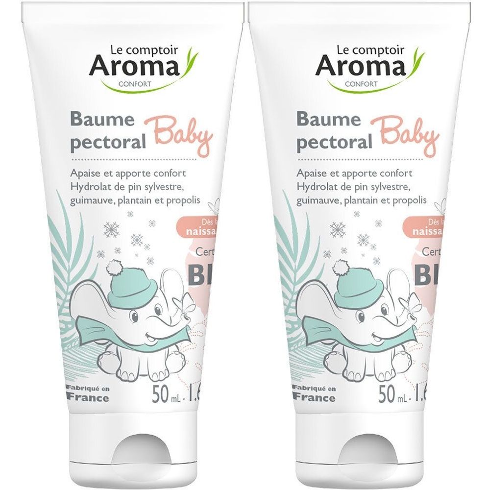 Twee tubes Baume Pectoral Baby. Merk Le Comptoir Aroma. Illustratie van een olifant. BI-certificering. Inhoud 50 ml. Gemaakt in Frankrijk.