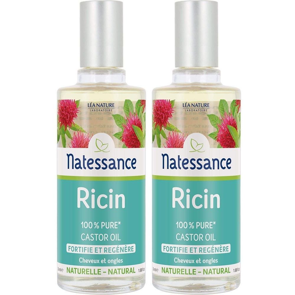 Twee flessen met zilveren doppen. Labels: "Natessance Ricin 100% Pure Castor Oil".