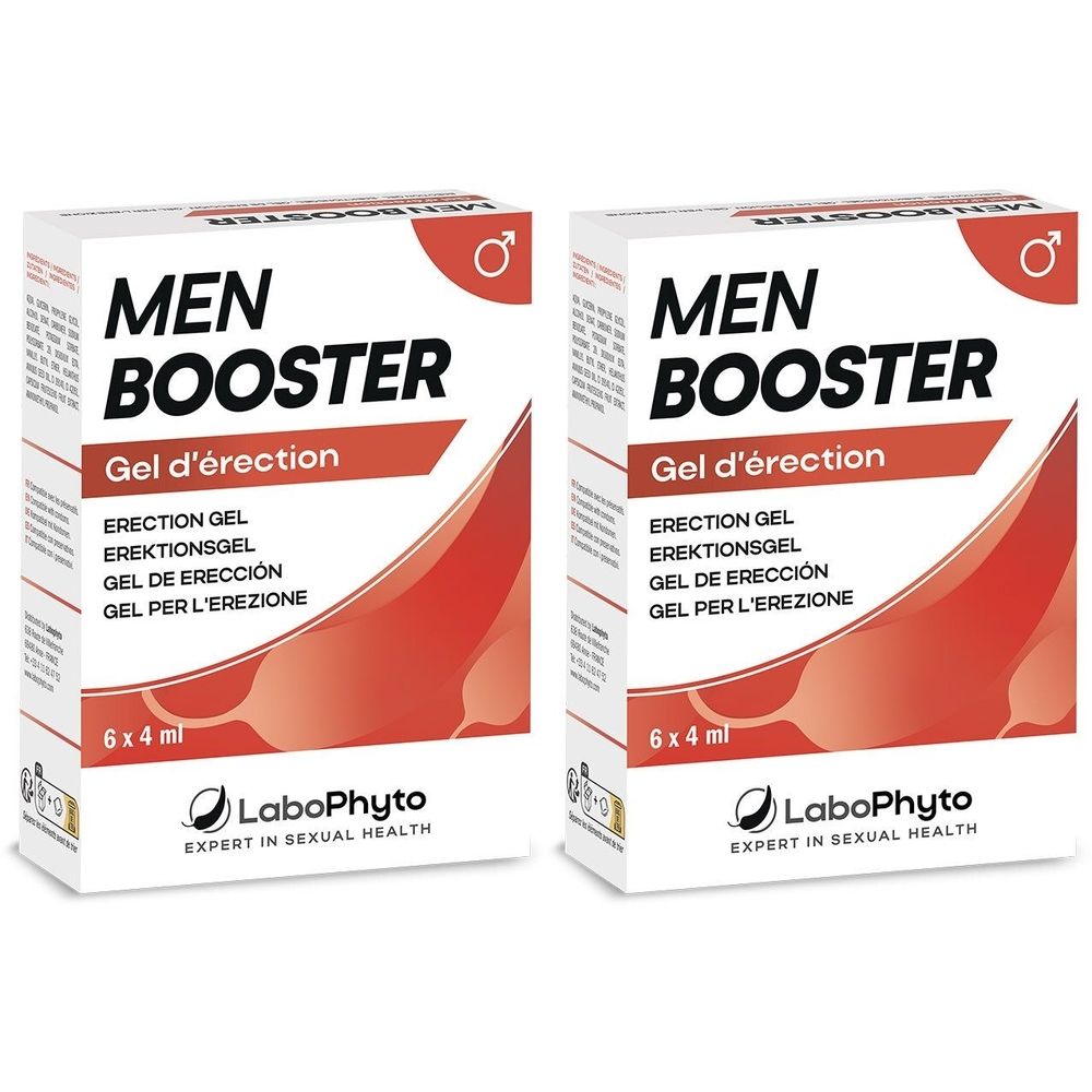 Twee witte dozen met "MEN BOOSTER". Bevat "Gel d'érection" en "LaboPhyto". 6 x 4 ml.