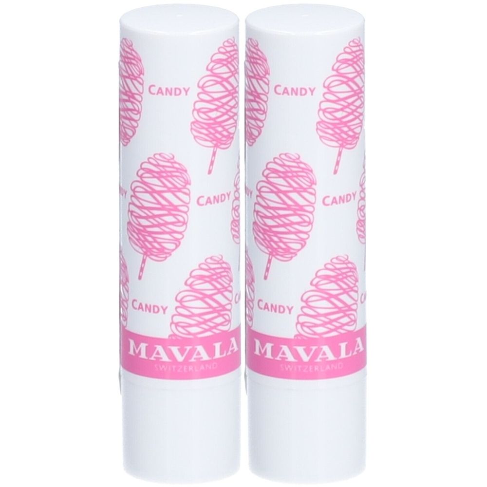 Twee witte lippenstiften met roze suikerspinmotief. Opschriften "CANDY" en "MAVALA SWITZERLAND".