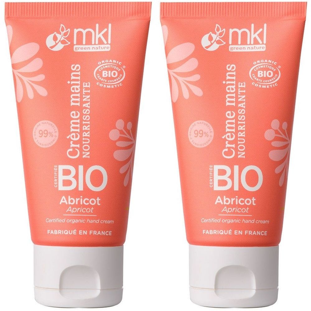 Twee tubes handcrème. Opschrift: mkl, BIO, Crème mains, Abricot. Gecertificeerd biologisch product. Geproduceerd in Frankrijk.