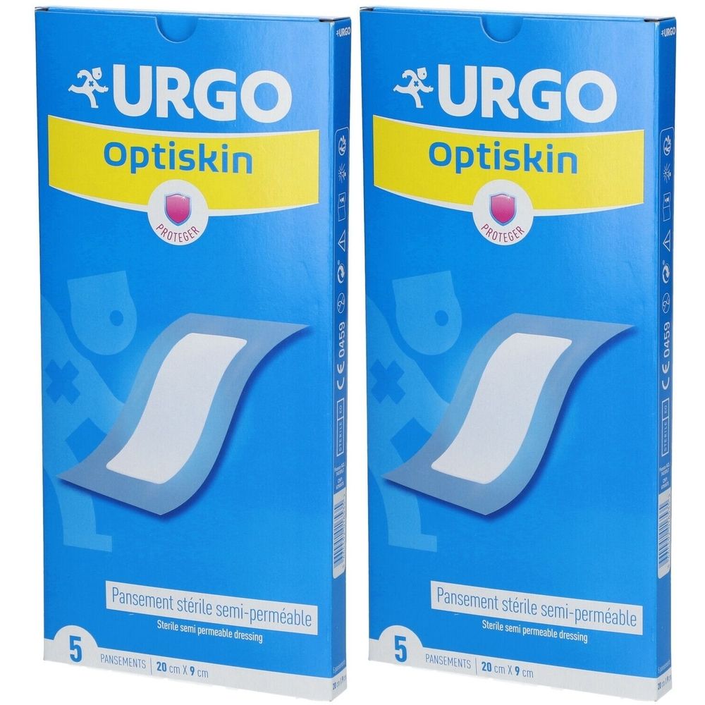 Deux boîtes bleues URGO Optiskin. Inscription : Pansement stérile semi-perméable. Contient 5 pansements de 20 cm x 9 cm.