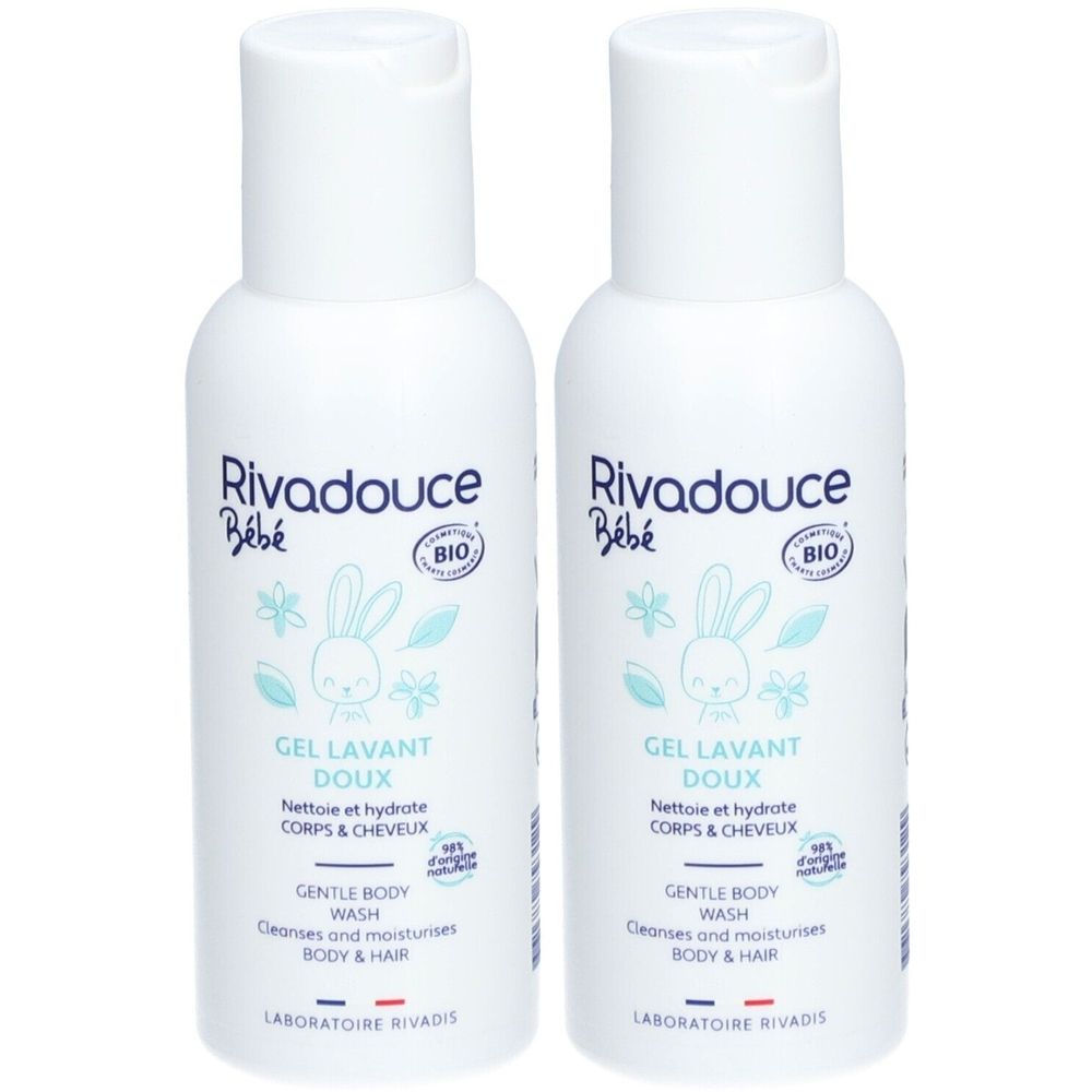 Twee witte flacons Rivadouce Bébé Gel Lavant Doux bio. Opschrift: Gel Lavant Doux, zachte lichaams- en haarwas. Bio-certificering.