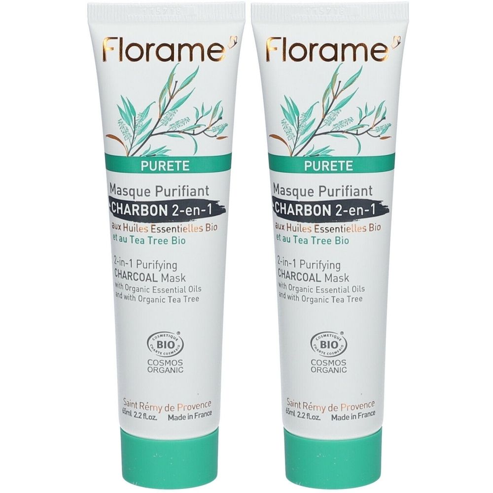 Twee tubes Florame gezichtsmasker. Opschrift: PURETE Masque Purifiant CHARBON 2-en-1. Met Bio Tea Tree olie. COSMOS ORGANIC certificering.