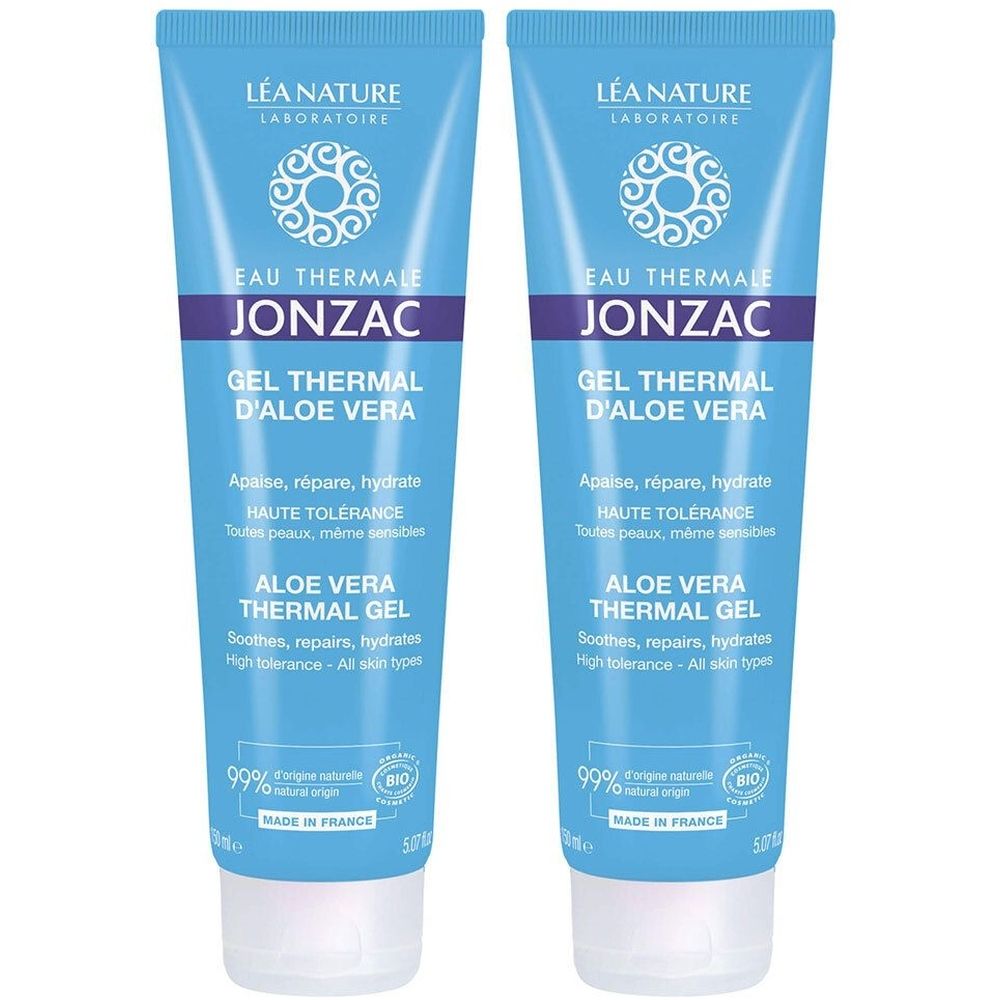 Deux tubes bleus de Gel Thermal Jonzac à l'Aloe Vera Bio. Inscription: Eau Thermale Jonzac, Gel Thermal d'Aloe Vera. Avec label bio.