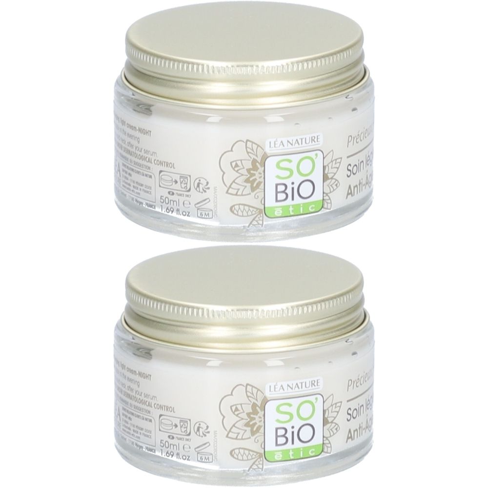 Twee potten SO BIO ETIC nachtcrème. Glazen potten met zilverkleurige deksels. Zichtbare logo's en productnamen.