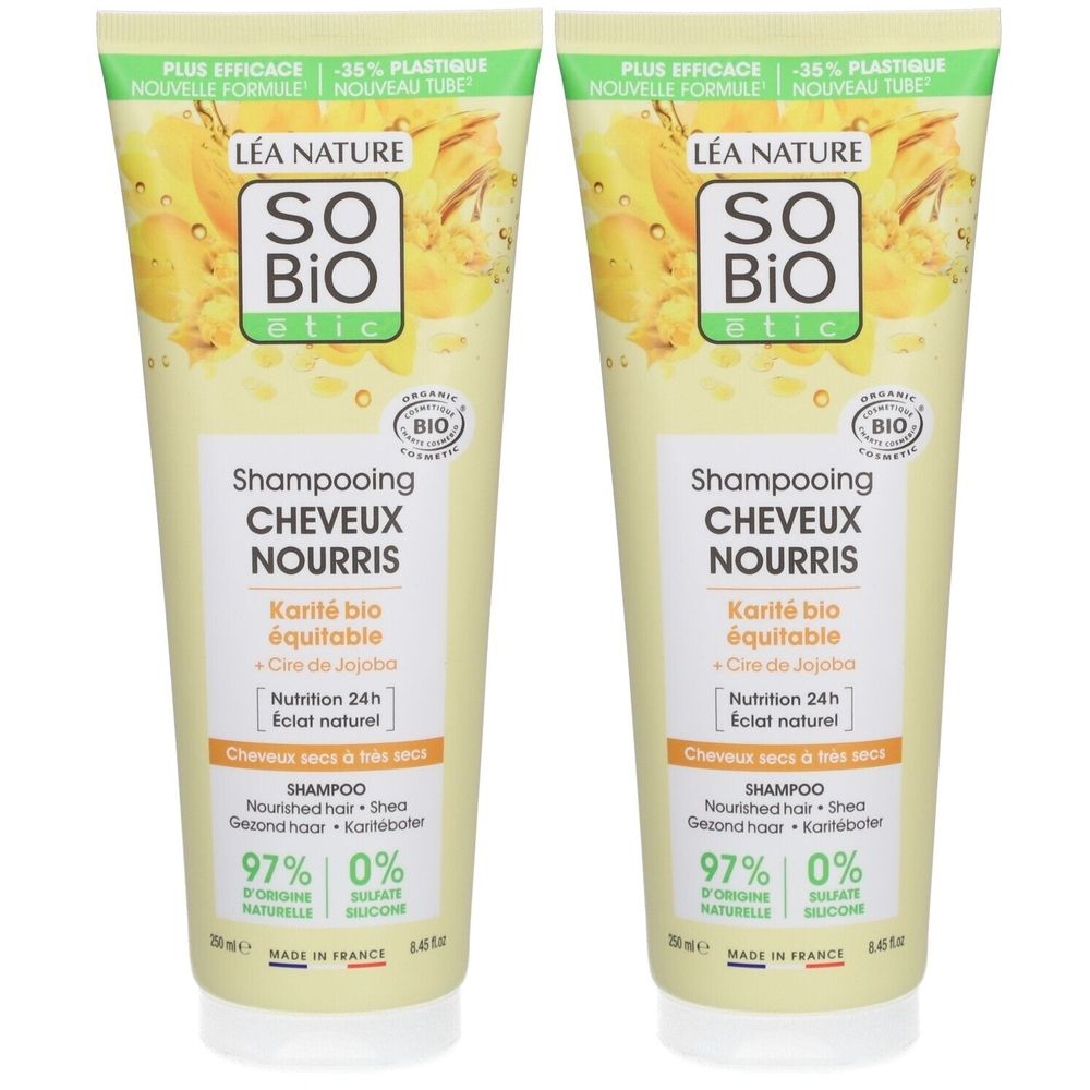 Twee tubes shampoo. Opschrift: SO BIO ETIC, Shampooing Cheveux Nourris, Karité bio équitable. Met bio-label.