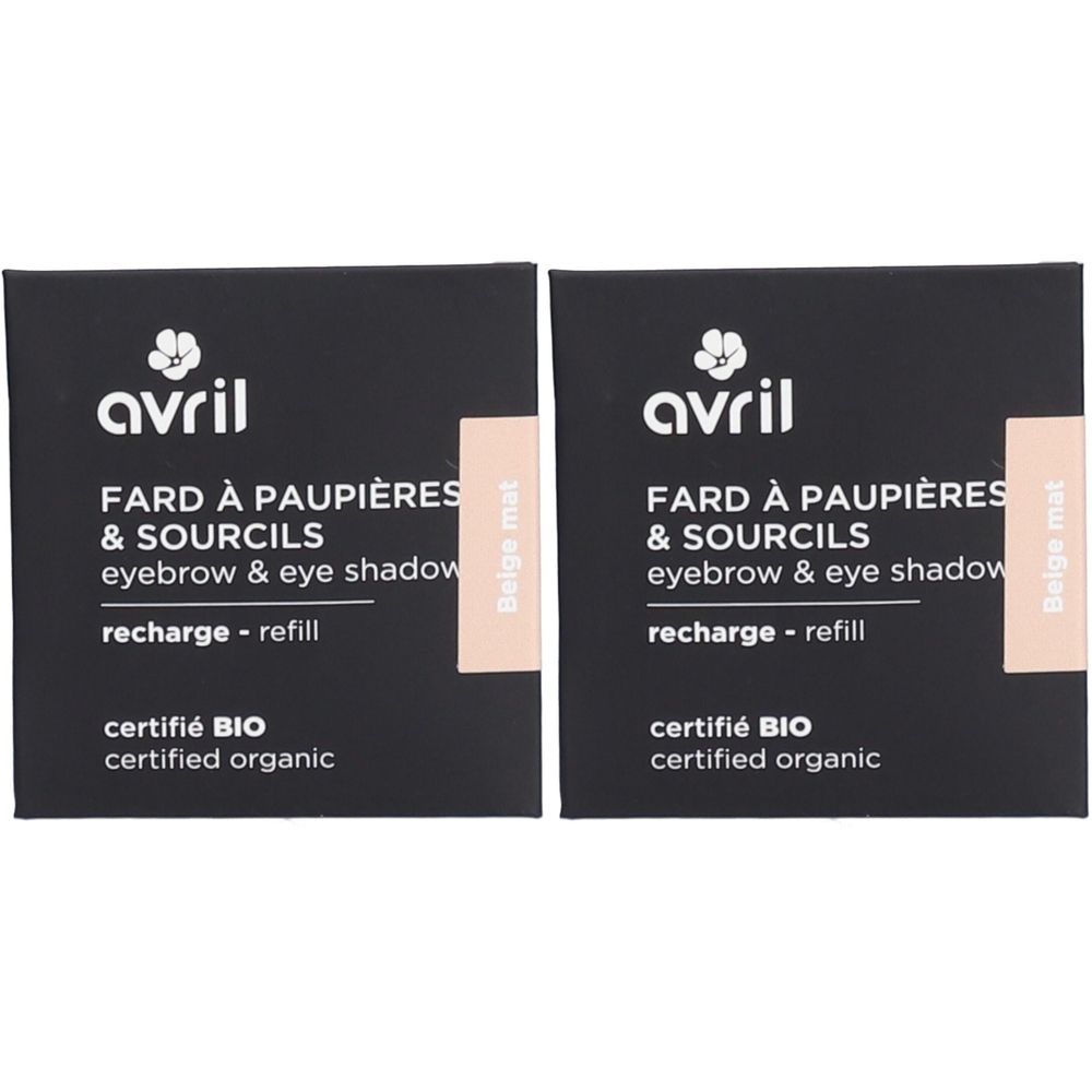 Deux recharges carrées pour fard à paupières et sourcils. Emballage noir avec texte blanc et bande de couleur beige.