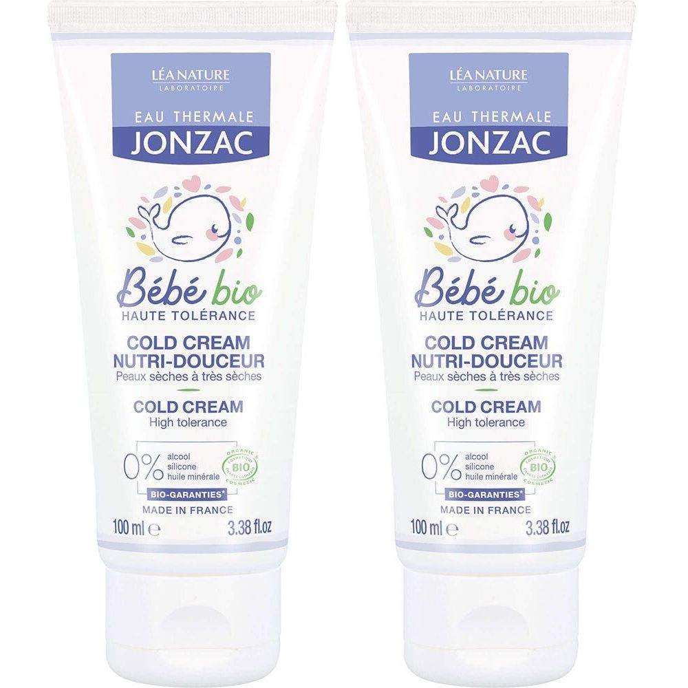 Twee tubes Jonzac Bébé Bio Cold Cream. Witte tubes met blauwe en groene tekst. Bevat Bio-garanties label.