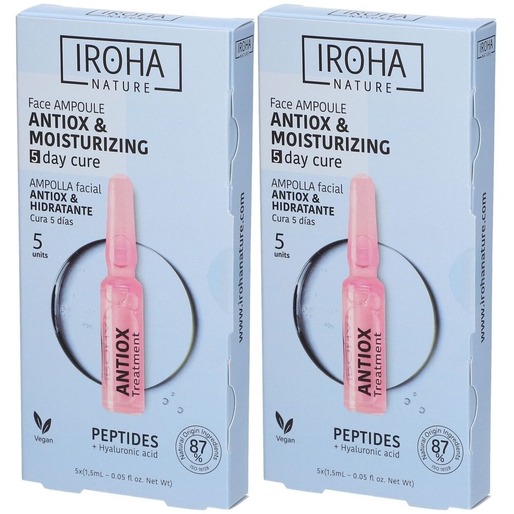 Deux boîtes d'ampoules IROHA NATURE. Inscription: ANTIOX & MOISTURIZING, Peptides. Contient 5 unités.