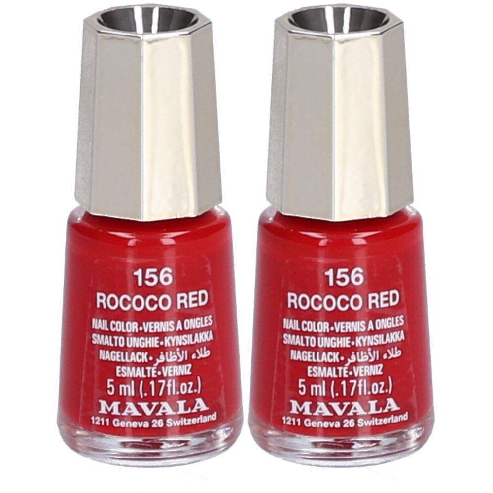 Twee flacons rode nagellak. Opschrift: 156 Rococo Red, 5 ml, MAVALA. Zilverkleurige dop.