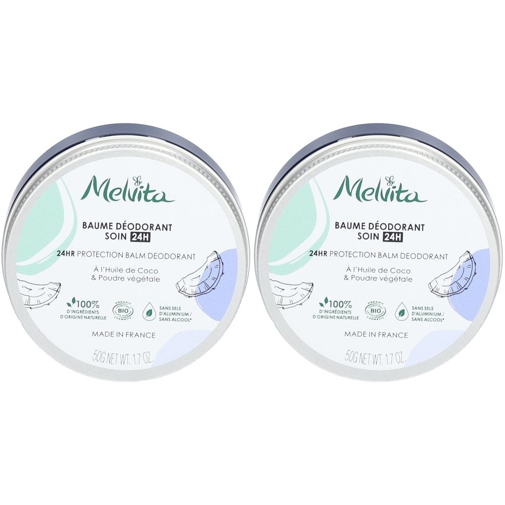 Twee ronde potjes met deksels. Opschrift: Melvita, Baume Déodorant Soin 24H. Bevat kokosolie en plantaardig poeder. Gemaakt in Frankrijk.