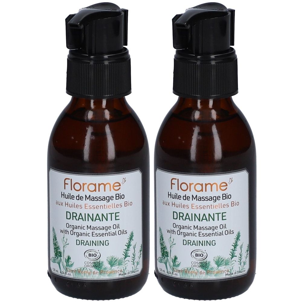 Twee bruine glazen flessen met zwarte pomp. Etiket met tekst: Florame Huile de Massage Drainante, BIO-certificering.