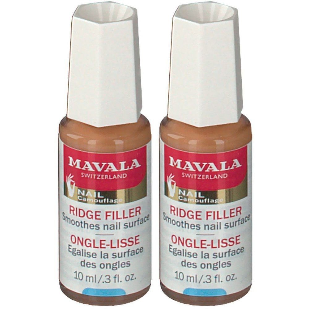 Twee flesjes Mavala Ongle-Lisse. Beige vloeistof in glazen flesjes met witte dop. Opschrift: Ridge Filler, 10 ml.