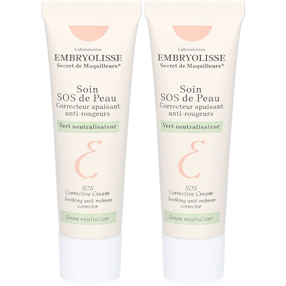 Deux tubes de crème. Inscription: EMBRYOLISSE, Soin SOS de Peau, Correcteur apaisant anti-rougeurs, Vert neutralisateur.