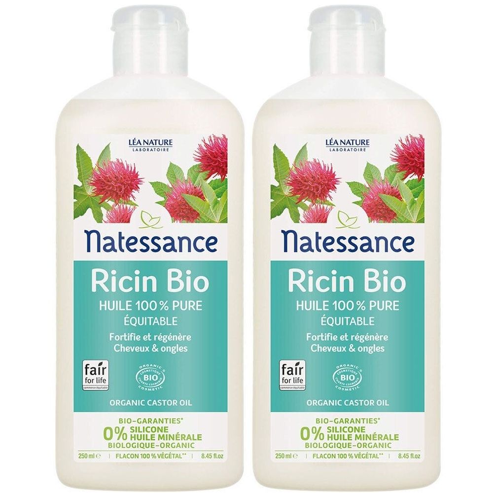 Twee flessen met witte dop. Opschrift: Natessance Ricin Bio, 100% pure olie, fair for life, bio-certificering.