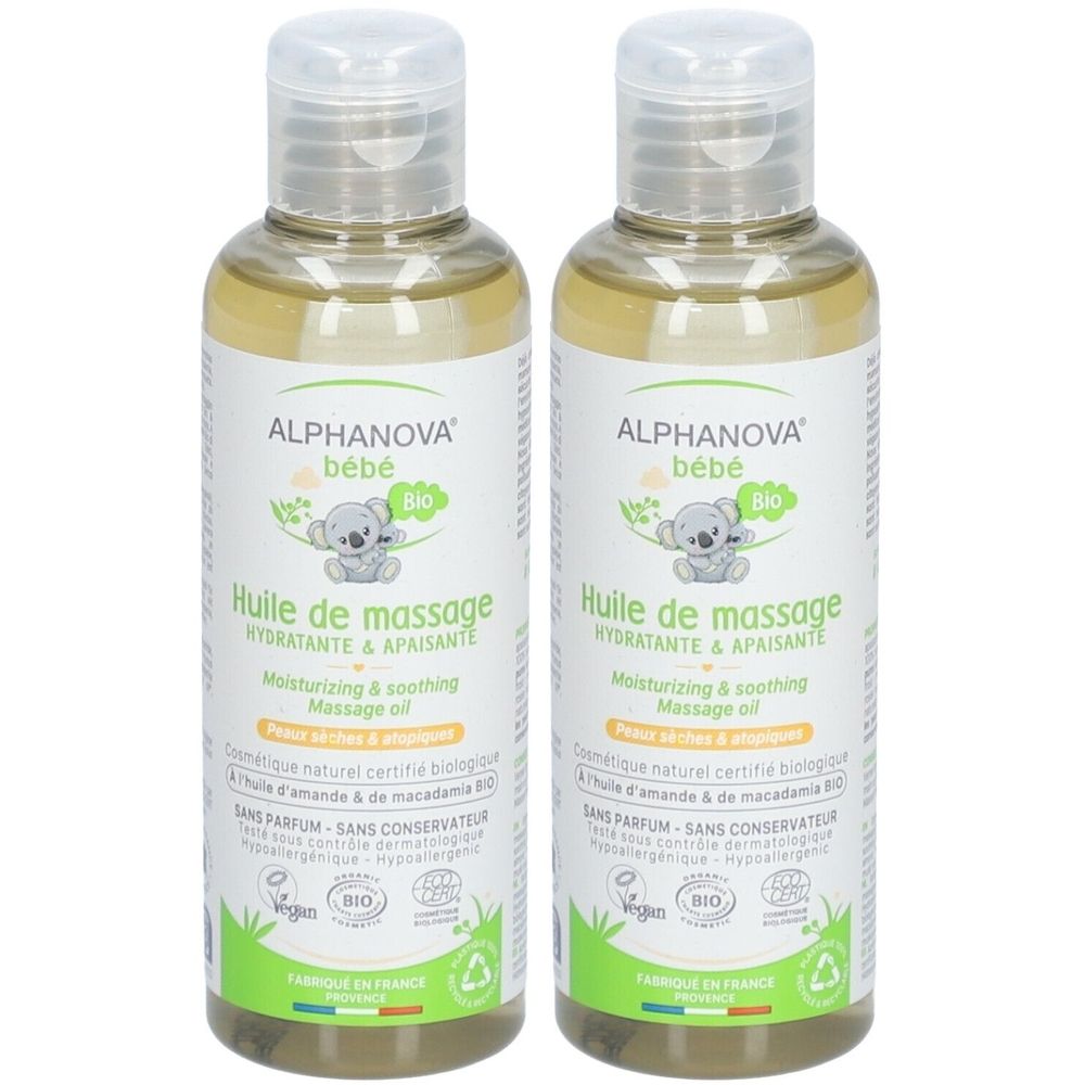 Twee flessen Alphanova Bébé massageolie. Opschrift: Huile de massage, hydratante & apaisante. Met bio-label en koala-illustratie.