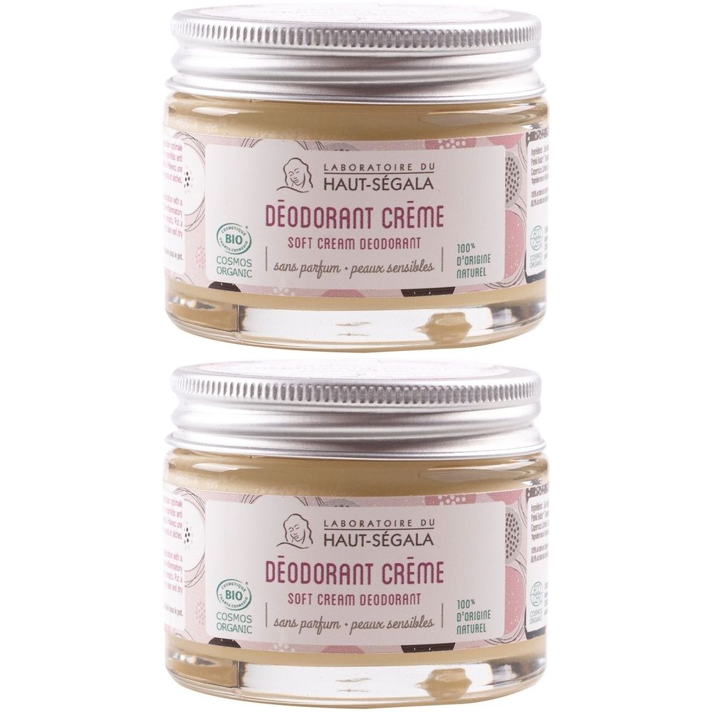 Twee potjes deodorantcrème. Opschrift: Laboratoire du Haut-Ségala, DÉODORANT CRÈME, sans parfum, peau sensibles. Met bio-certificering.