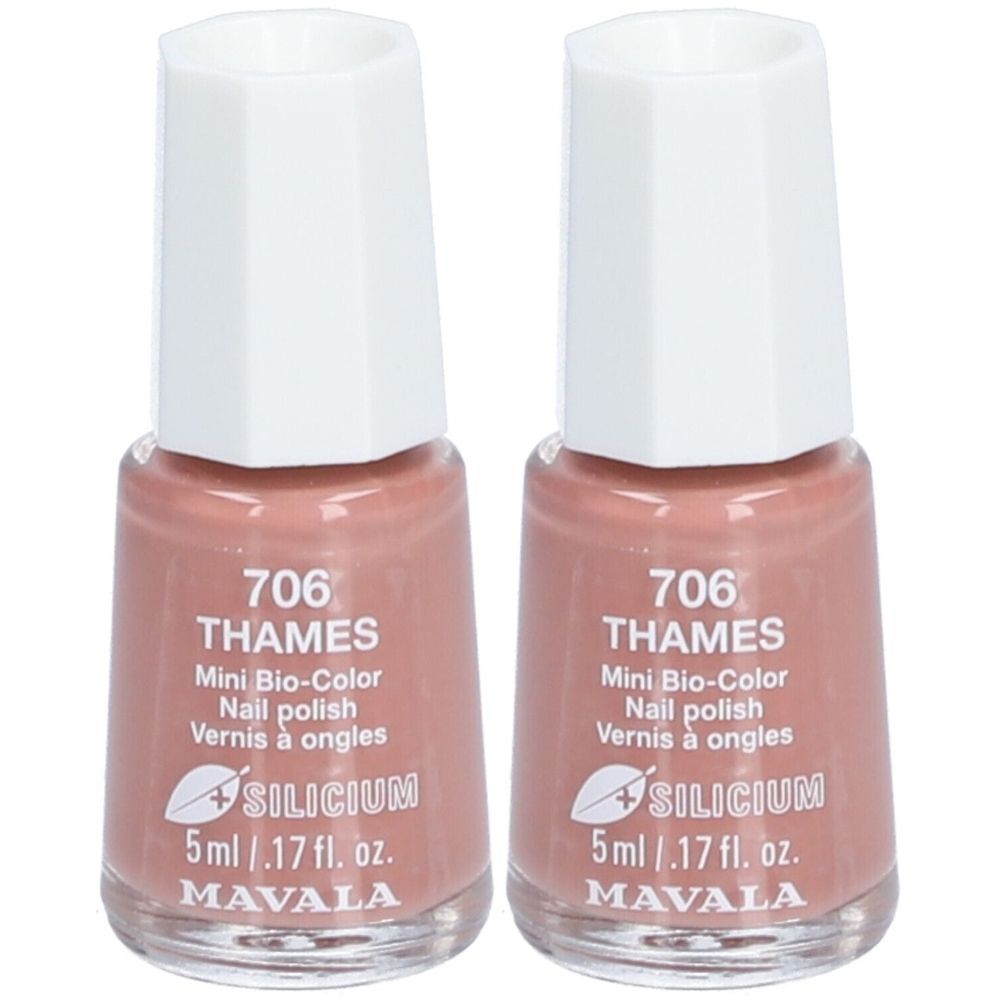 Twee flesjes nagellak, kleur 706 Thames. Mini Bio-Color, 5ml. Witte dop, roze-bruine kleur. Merk MAVALA.