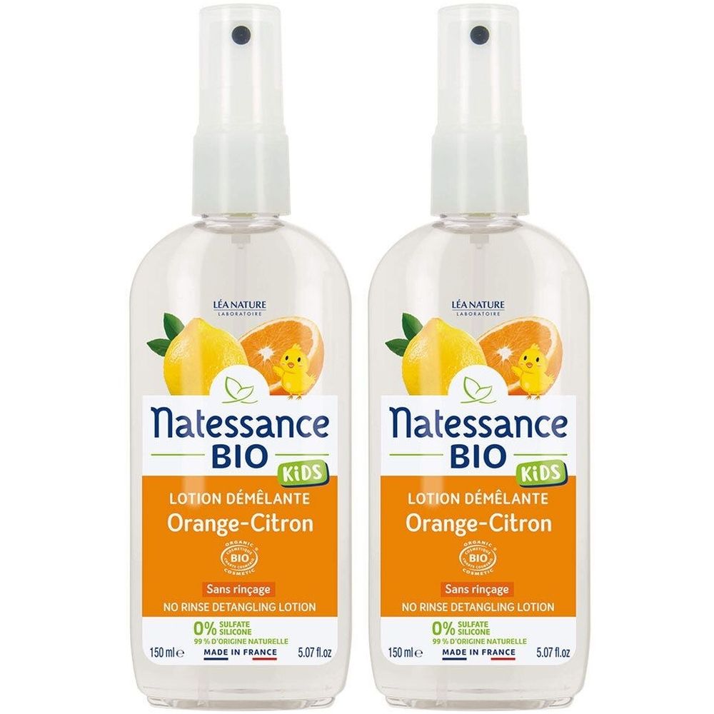 Twee flessen Natessance Kids Démêlant, Orange-Citron. Transparante flessen met verstuiver, etiket met logo, bio-label en productnaam.