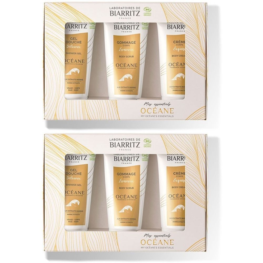 Deux coffrets cadeaux avec tubes. Inscription: Laboratoires de Biarritz, Océane. Produits: gel douche, gommage, crème corps.