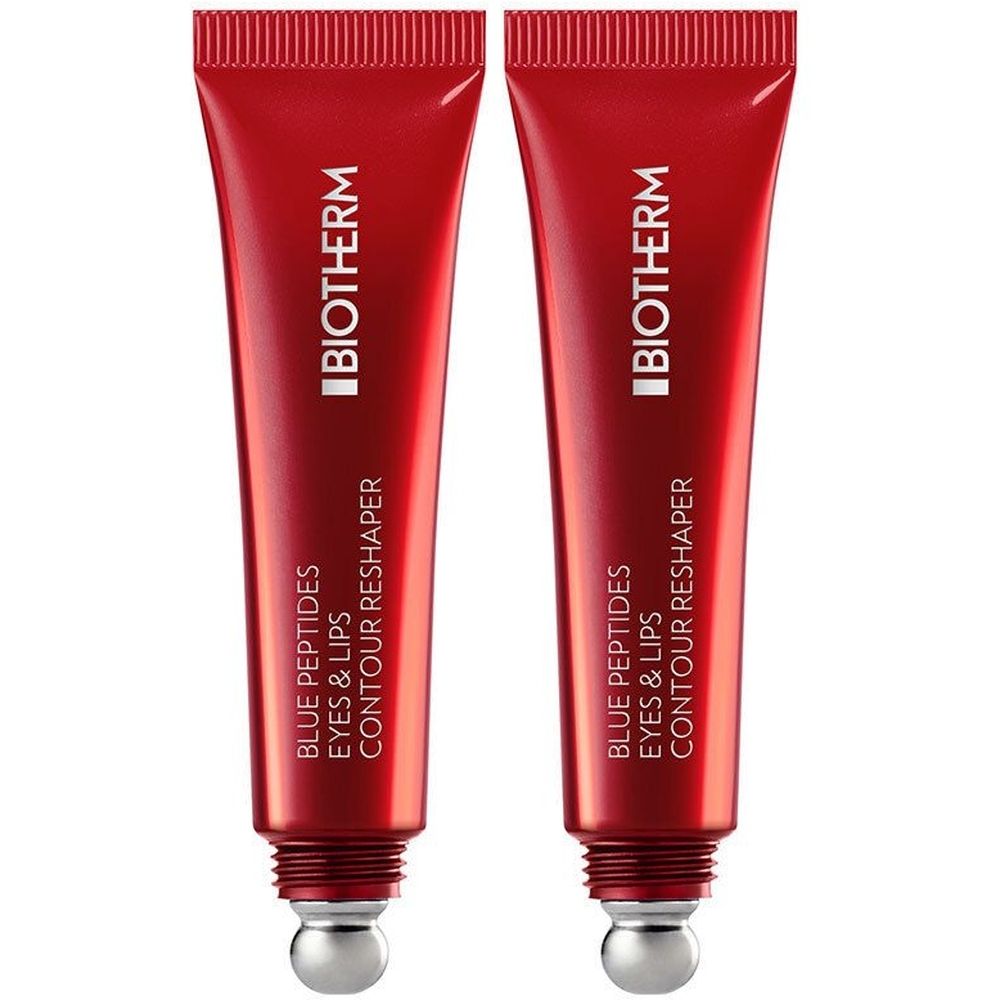 Twee rode tubes met zilveren roll-on applicators. Elke tube heeft de tekst "BIOTHERM" en "BLUE PEPTIDES EYES & LIPS CONTOUR RESHAPER".