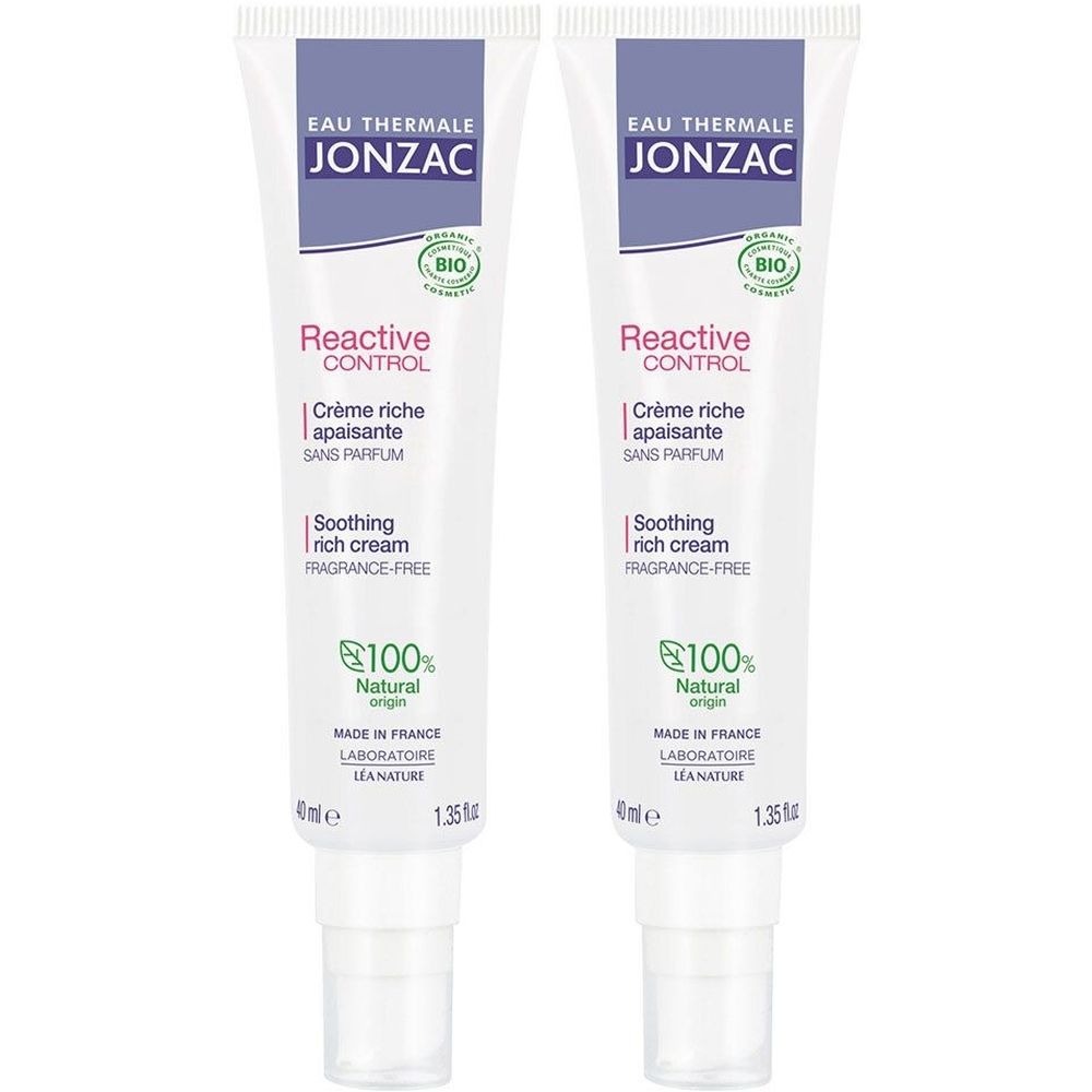 Twee tubes crème. Opschrift: JONZAC, Reactive Control, Crème riche apaisante, sans parfum, Soothing rich cream, 100% Natural.