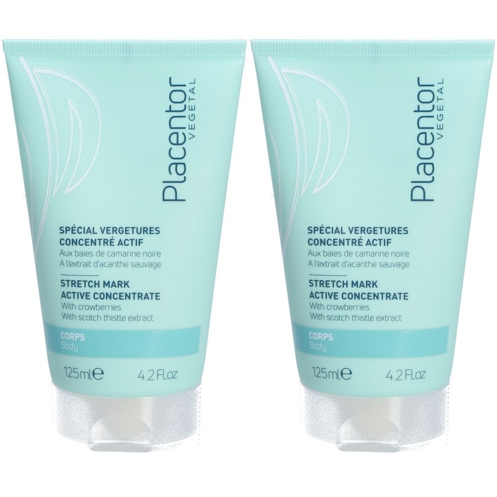 Deux tubes de crème. Inscription: Placentor Vegetal, Spécial Vergetures Concentré Actif, Stretch Mark Active Concentrate.