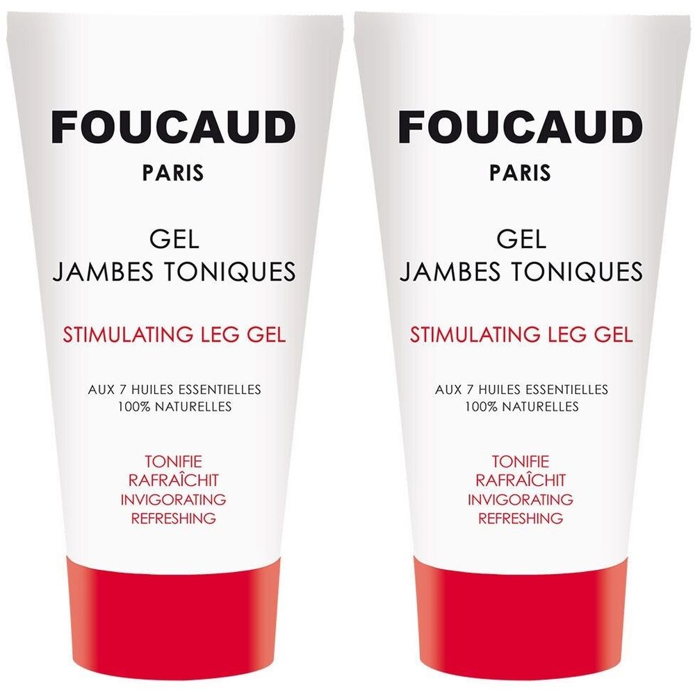 Deux tubes blancs à base rouge. Inscriptions : FOUCAUD PARIS, GEL JAMBES TONIQUES, STIMULATING LEG GEL. Contient 7 huiles essentielles.