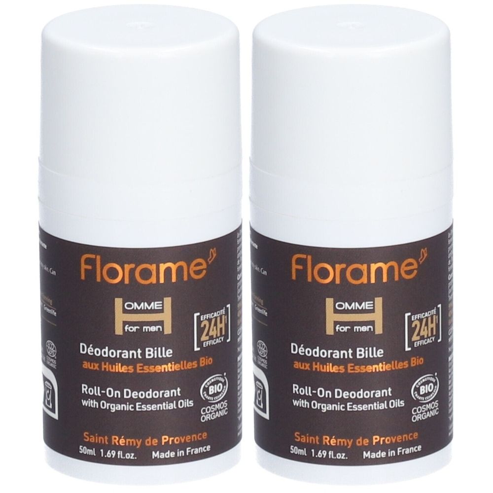Twee roll-on deodorants. Witte dop, bruine etiketten met tekst. Merk Florame, productnaam Déodorant Bille, voor mannen. Bio-certificering.