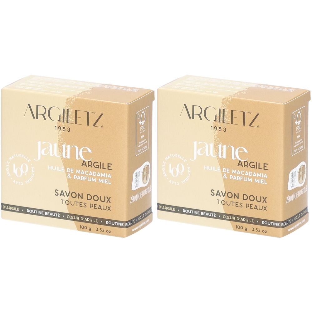 Twee vierkante dozen met productinformatie. Opschrift: Argiletz, Savon doux, jaune, Argile, Parfum Miel. FSC-certificering.