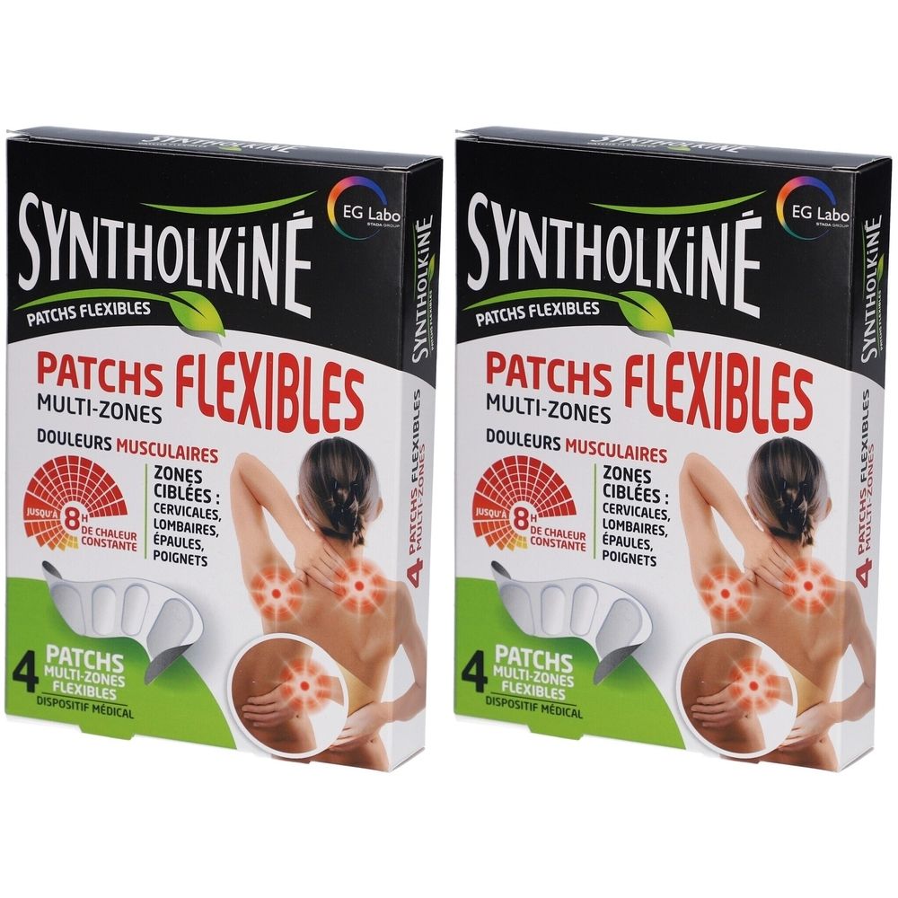 Deux boîtes de Patchs Flexibles SYNTHOLKINE. Inscription : Multi-Zones, 4 patchs. Illustration d'une femme avec points de douleur mis en évidence.