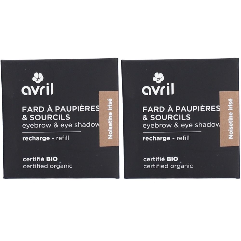 Deux recharges carrées. Inscription: Avril, Fard à paupières & sourcils, Noisetine irisé, certifié BIO.