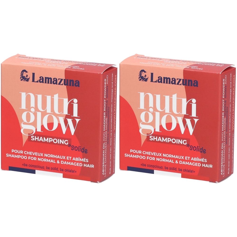 Twee rode rechthoekige dozen. Opschrift: Lamazuna, nutri glow, Shampooing solide. Voor normaal en beschadigd haar.