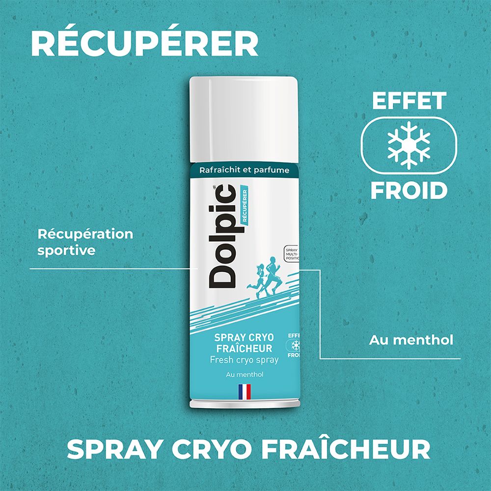 Blauwe achtergrond met tekst: Récupérer, Spray Cryo Fraîcheur. Afbeelding van een sneeuwvlok en een spray. Tekst: Effet Froid.
