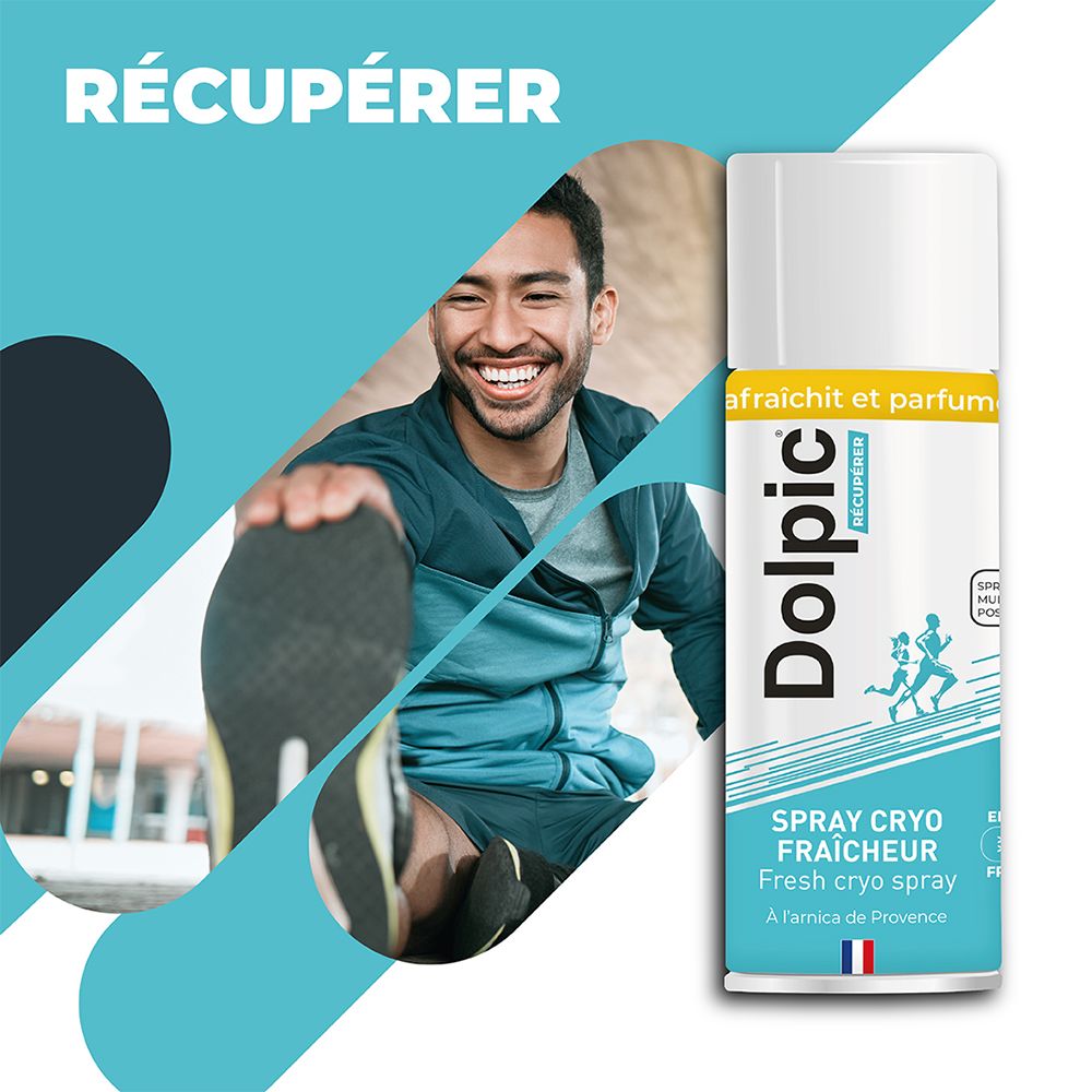 Man die zich uitrekt. Spray Cryo Fraîcheur, Dolpic. Tekst: Récupérer. Blauwe achtergrond. Franse vlag. Tekst: A l'arnica de Provence.