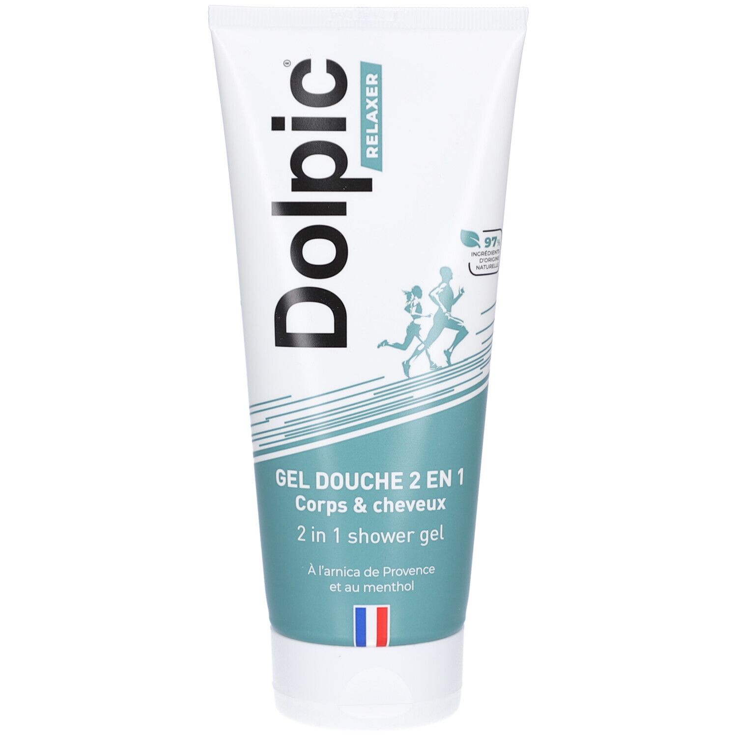 Witte en turquoise tube. Opschrift "Dolpic Relaxer". "Gel douche 2 en 1" en "2 in 1 shower gel". Franse vlag.