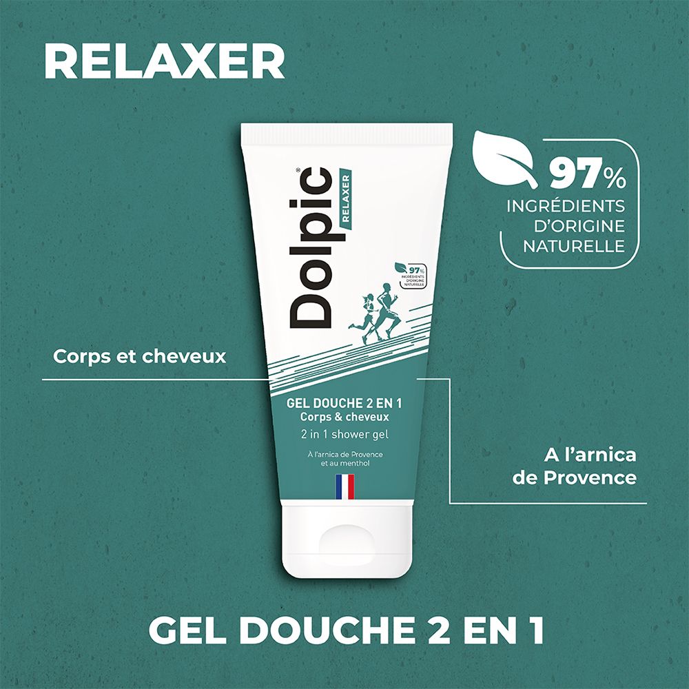 Producttube op groene achtergrond. Tekst: Gel Douche 2 en 1 Corps & cheveux. Logo: 97% ingrediënten van natuurlijke oorsprong. Franse vlag.