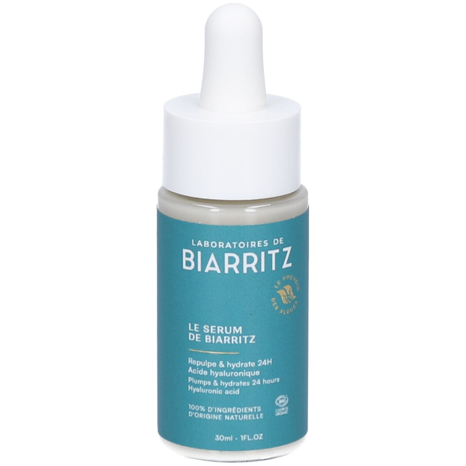 Flacon avec pipette. Étiquette turquoise, texte blanc. Marque: LABORATOIRES DE BIARRITZ. Produit: Le Sérum de Biarritz.