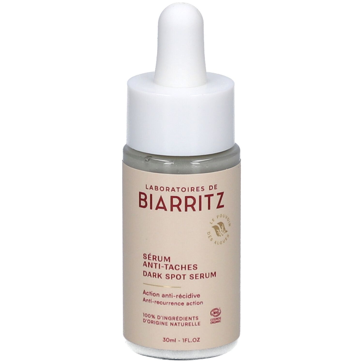Beige fles met witte dop en pipet. Opschrift: LABORATOIRES DE BIARRITZ, Sérum Anti-Tâches, Dark Spot Serum.