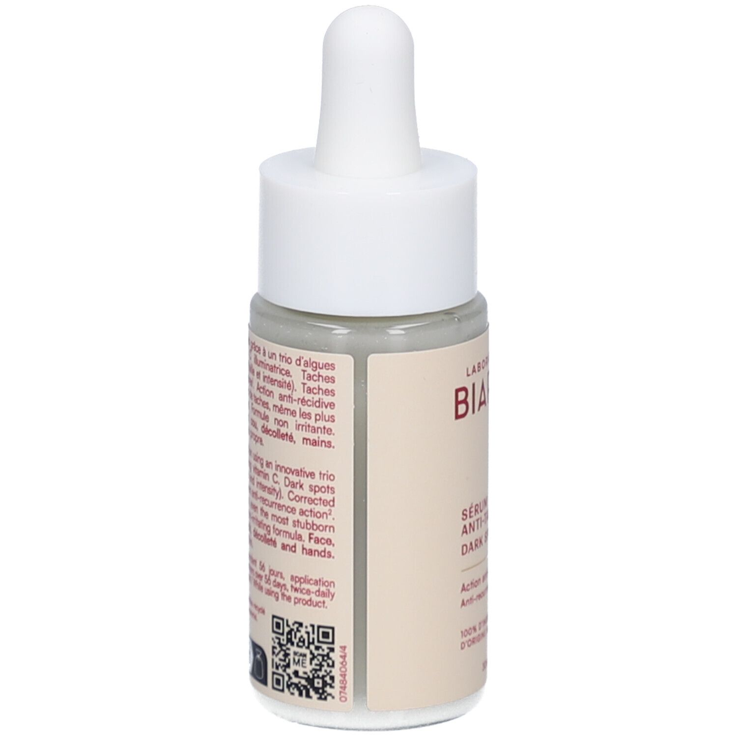 Achteraanzicht van de fles. Franse tekst. QR-code en logo. Fles met witte dop en pipet.