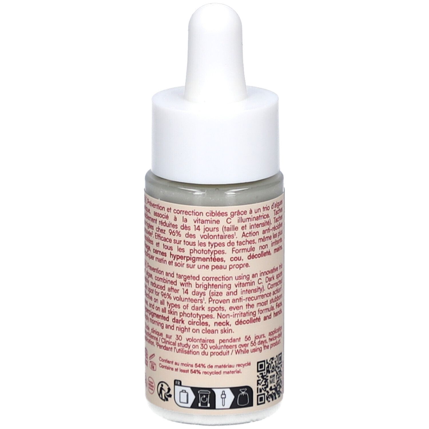 Achteraanzicht van de fles. Franse tekst. Fles met witte dop en pipet. Logo en certificeringen.