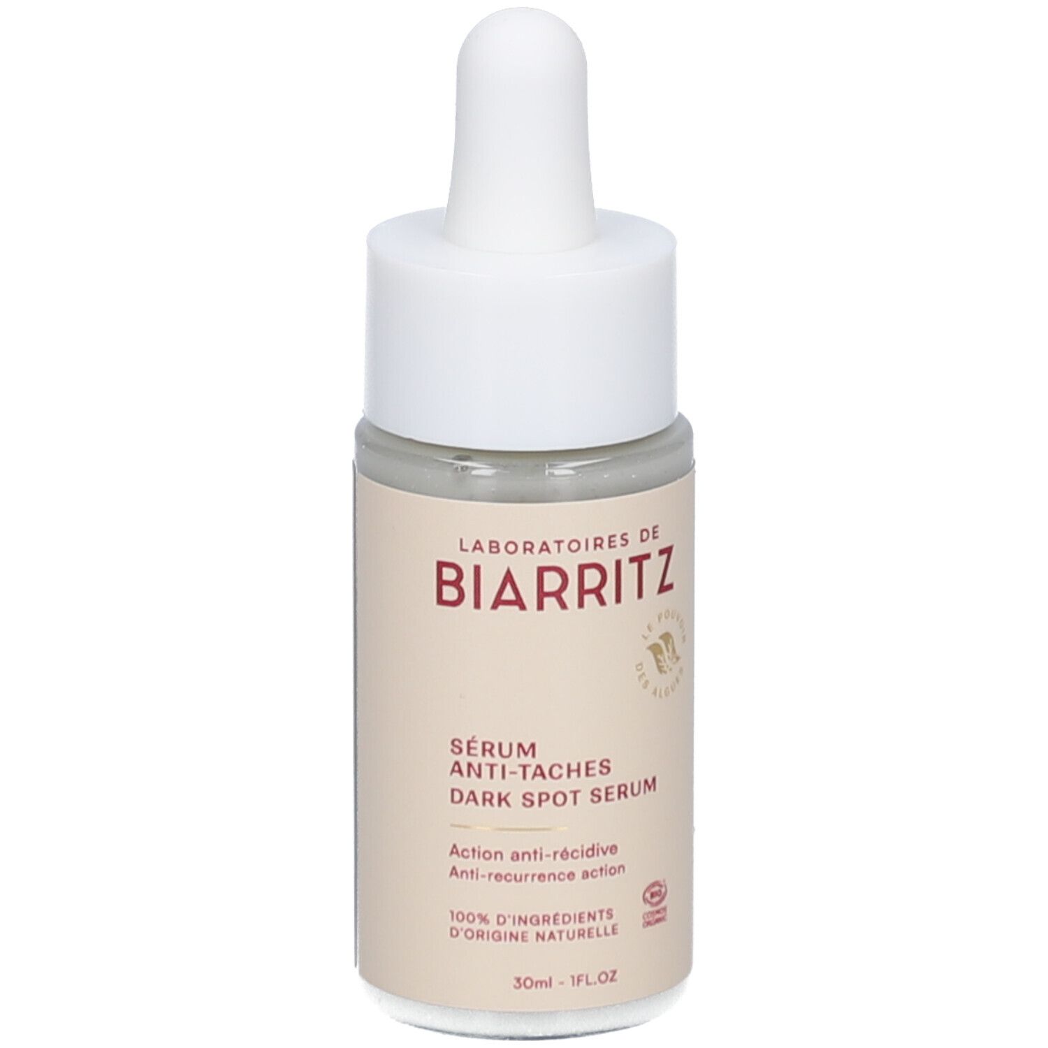 Beige fles met witte dop en pipet. Opschrift: LABORATOIRES DE BIARRITZ, Sérum Anti-Tâches, Dark Spot Serum.