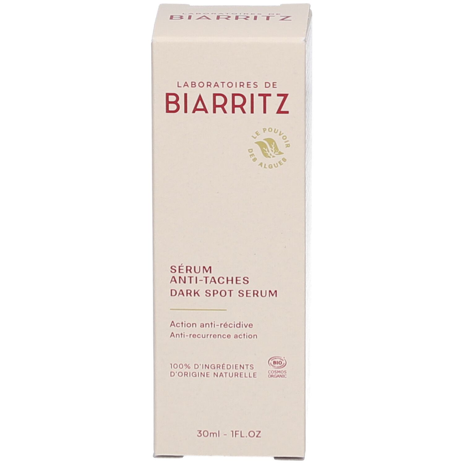 Productverpakking. Opschrift: LABORATOIRES DE BIARRITZ, Sérum Anti-Tâches, Dark Spot Serum. Beige en wit.