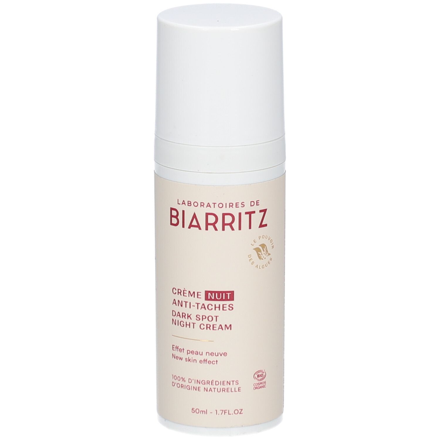 Flacon de crème. Inscription: Laboratoires de Biarritz, Crème Nuit Anti-Taches, Dark Spot Night Cream. Bouchon blanc.