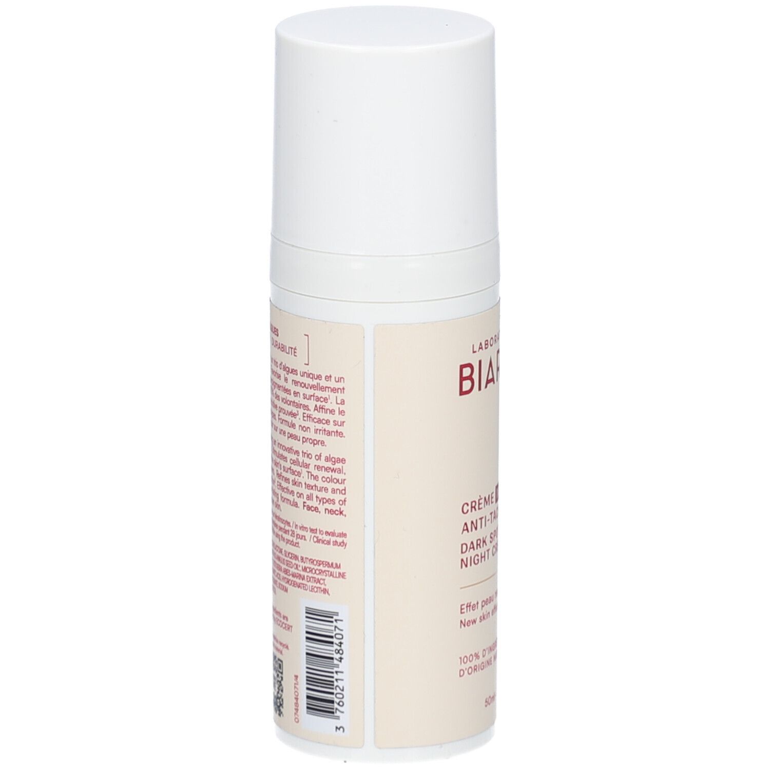 Dos du flacon de crème. Texte multilingue. Code-barres et autres informations. Fond blanc.