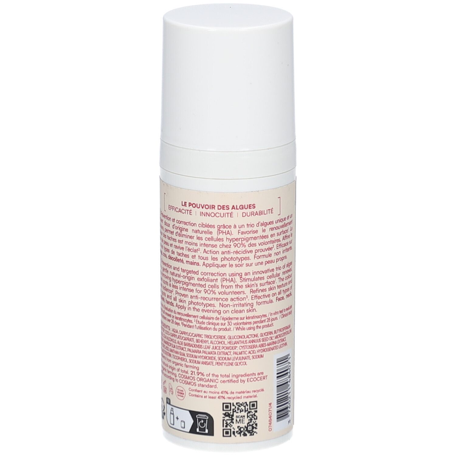 Dos du flacon de crème. Texte multilingue. Informations sur les ingrédients et les certifications.