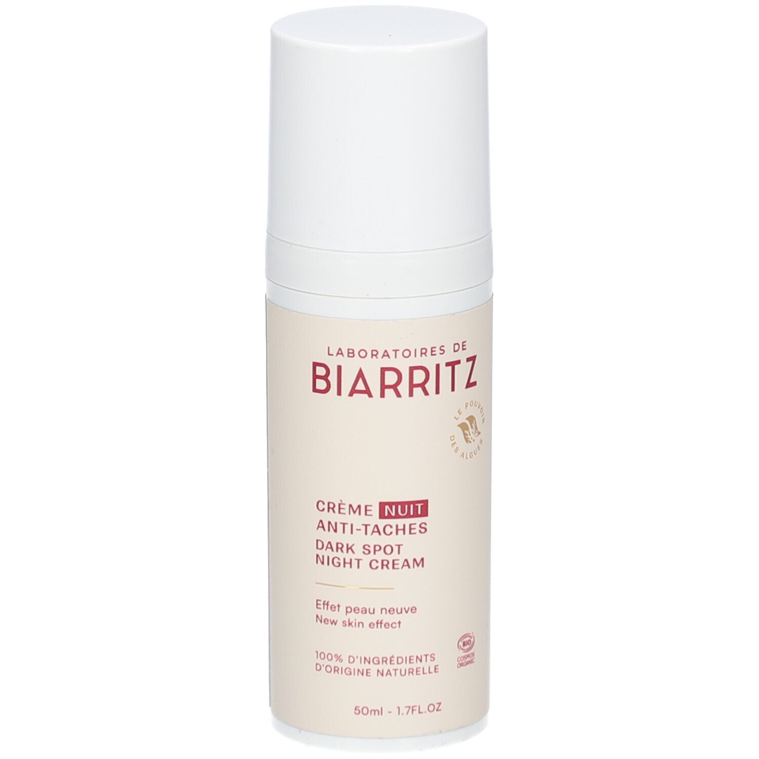 Flacon de crème. Inscription: Laboratoires de Biarritz, Crème Nuit Anti-Taches, Dark Spot Night Cream. Bouchon blanc.